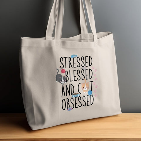 Stressed Blessed and Cat Obsessed Tote Bags