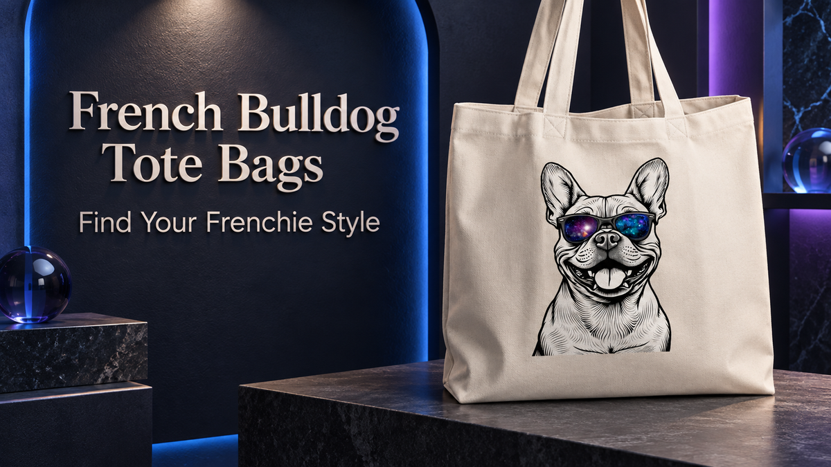 Light-colored tote with a French Bulldog in galaxy-patterned sunglasses on a stone display, beside “French Bulldog Tote Bags” and “Find Your Frenchie Style” text in a blue-and-violet-lit setting.