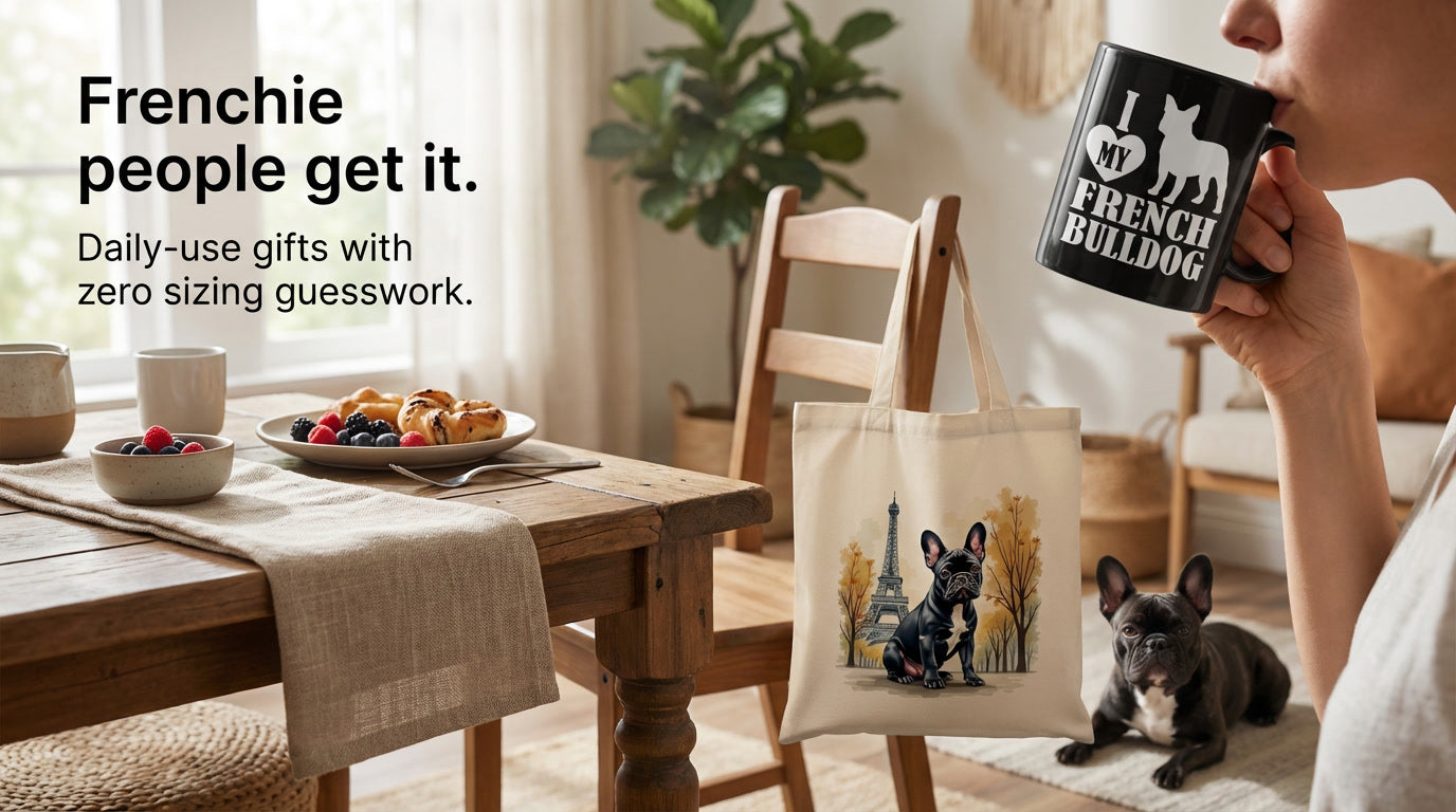 Cozy morning kitchen scene with a hand holding a French Bulldog themed black mug, a Frenchie nearby, and warm window light with space for text overlay.
