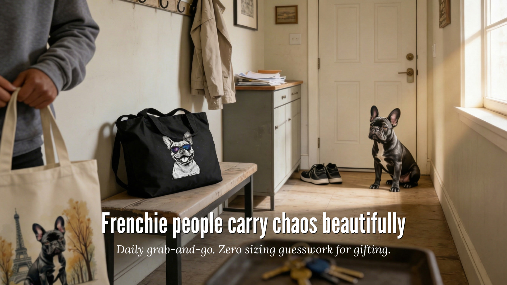 French Bulldog tote bag resting on an entryway bench with a Frenchie sitting by the door in warm natural window light