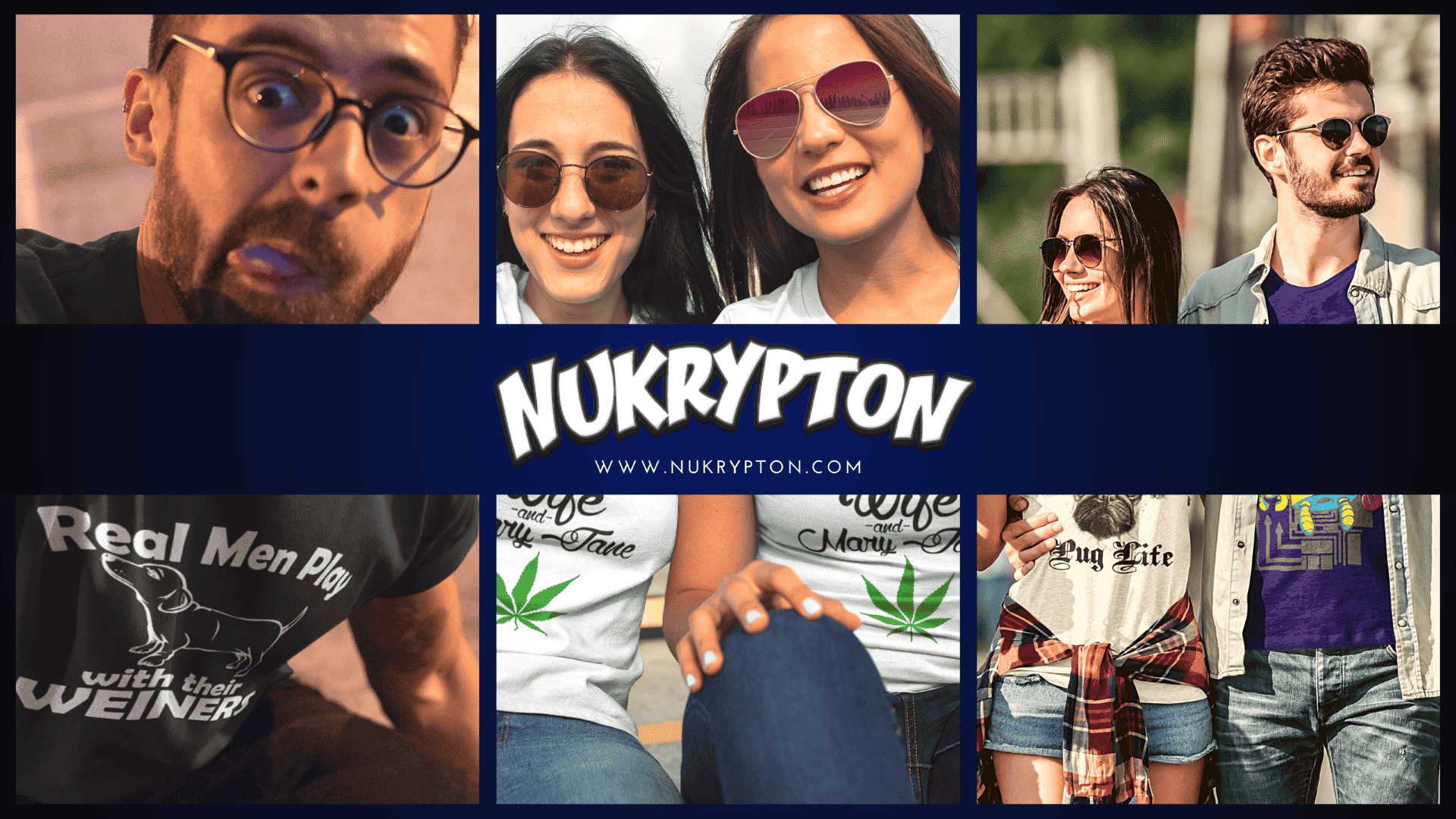 Collage of people wearing NuKrypton apparel behind a banner of the NuKrypton logo and website.