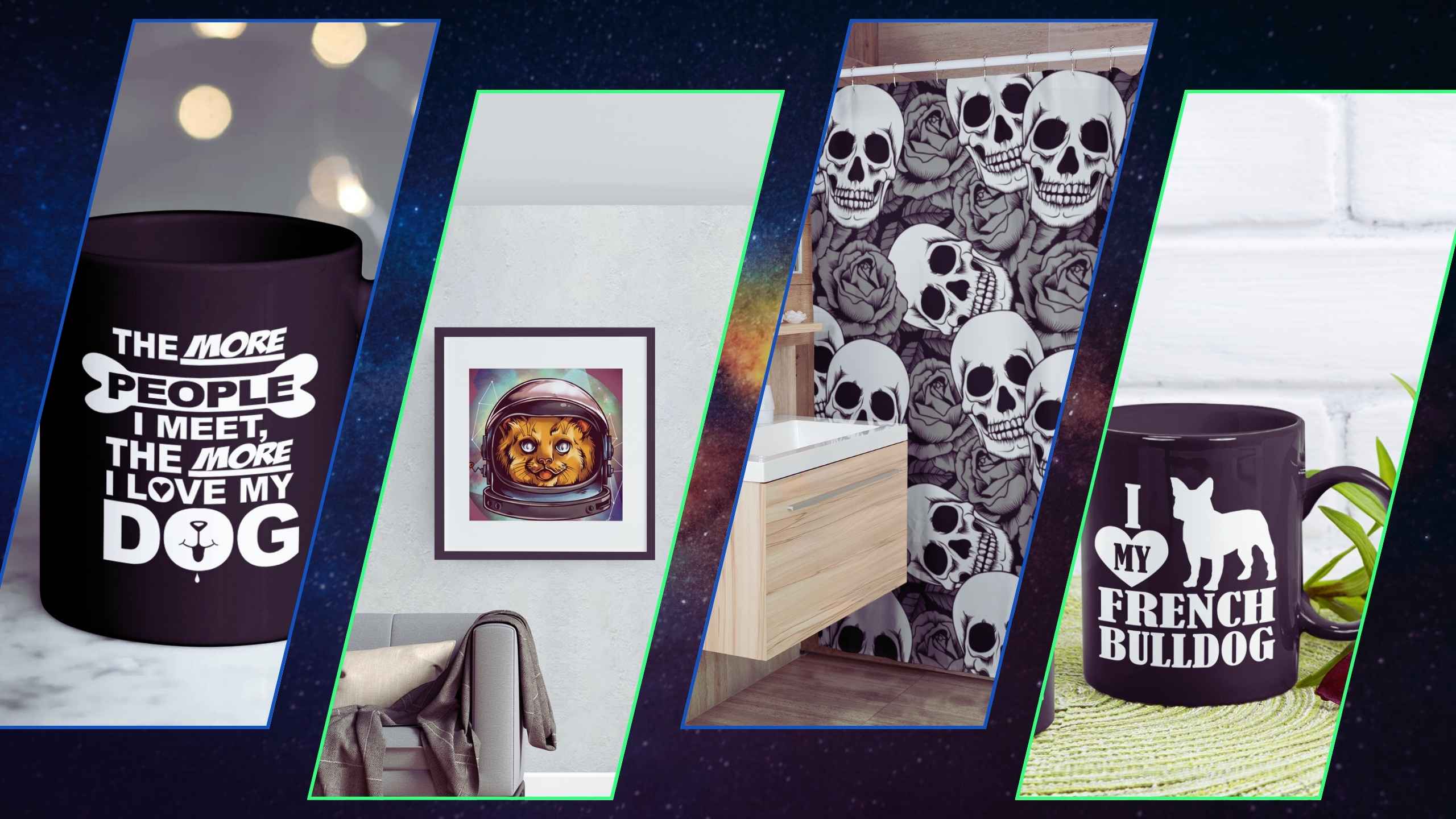 Collage of NuKrypton products including mugs and wall art with different designs.