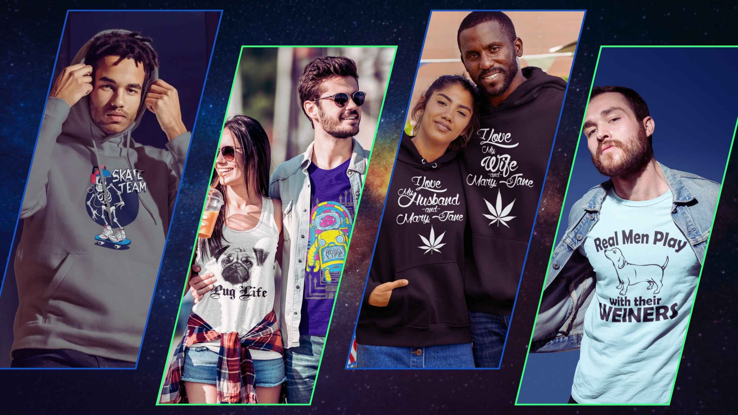 Collage of people wearing various NuKrypton tees and hoodies with different designs.