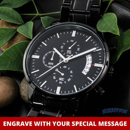 Personalized Watches For Dad - Engraved Black Chronograph Watch - NuKrypton Watches