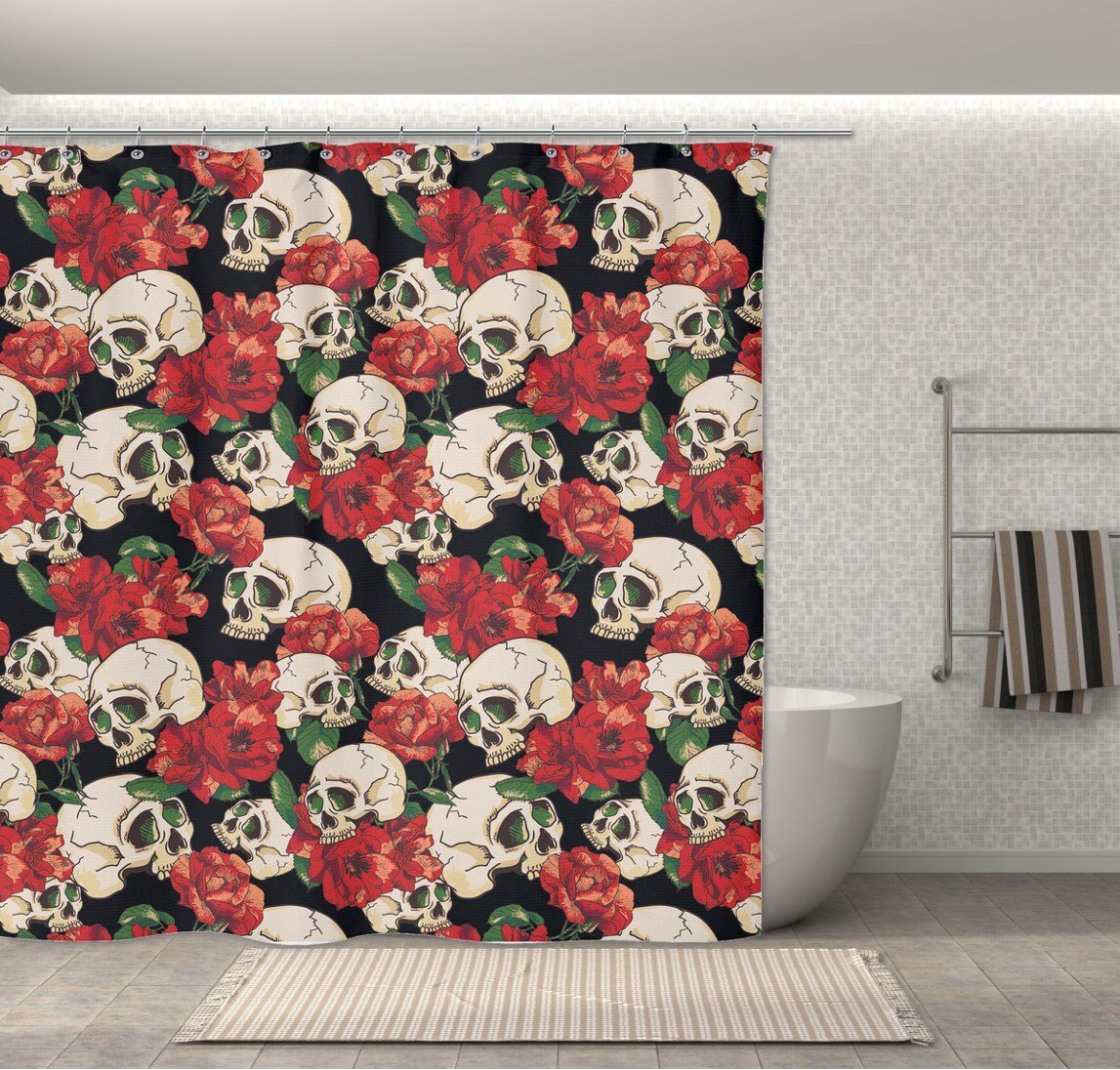 Red Rose & Skull Shower Curtain - NuKrypton Shower Curtains