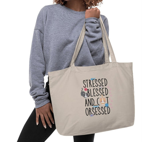 Stressed Blessed and Cat Obsessed Tote Bags