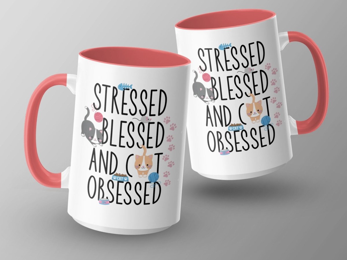 Stressed Blessed Cat Obsessed Feline Fun Mugs - NuKrypton Coffee Mugs MD - 71360849