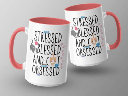 Stressed Blessed Cat Obsessed Feline Fun Mugs - NuKrypton Coffee Mugs MD - 71360849