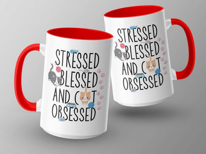 Stressed Blessed Cat Obsessed Feline Fun Mugs - NuKrypton Coffee Mugs MD - 71360850