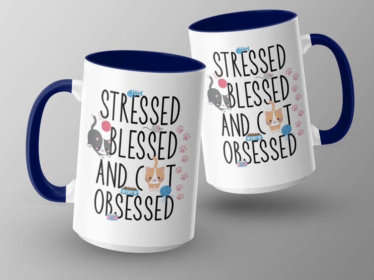 Stressed Blessed Cat Obsessed Feline Fun Mugs - NuKrypton Coffee Mugs MD - 71360851