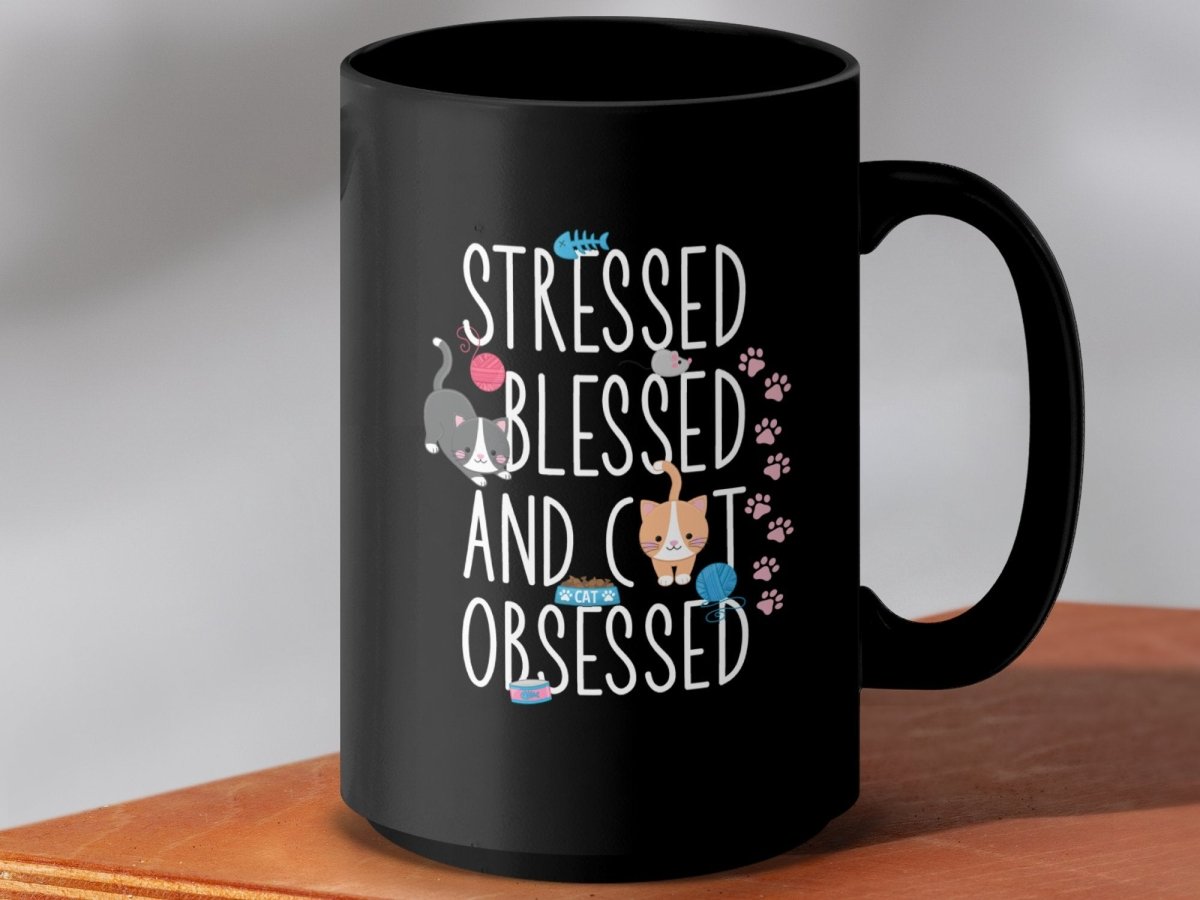 Stressed Blessed Cat Obsessed Feline Fun Mugs - NuKrypton Coffee Mugs MD - 71360853