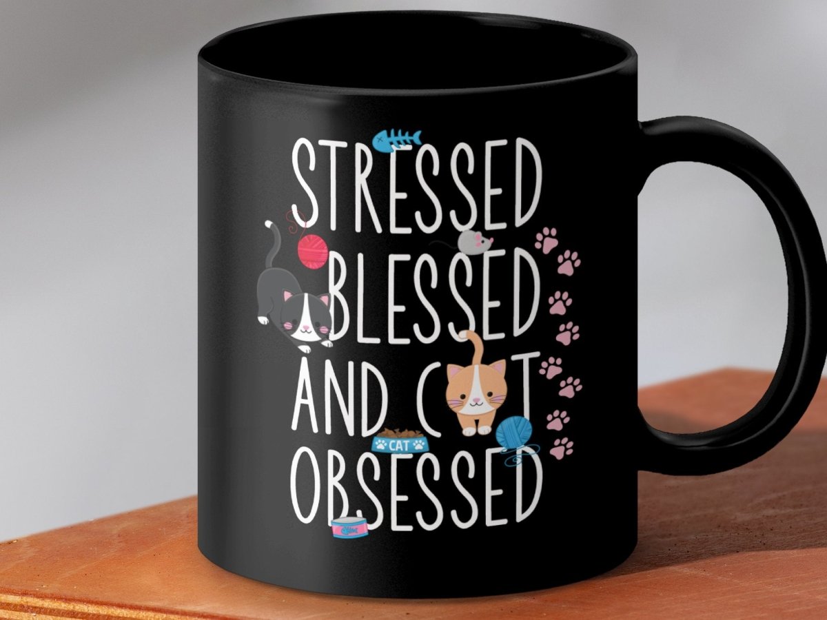 Stressed Blessed Cat Obsessed Feline Fun Mugs - NuKrypton Coffee Mugs MD - 71360847