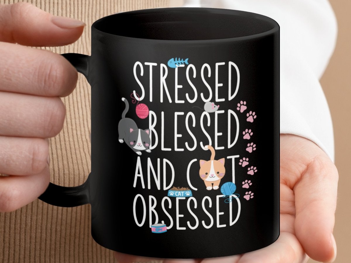 Stressed Blessed Cat Obsessed Feline Fun Mugs - NuKrypton Coffee Mugs MD - 71360842