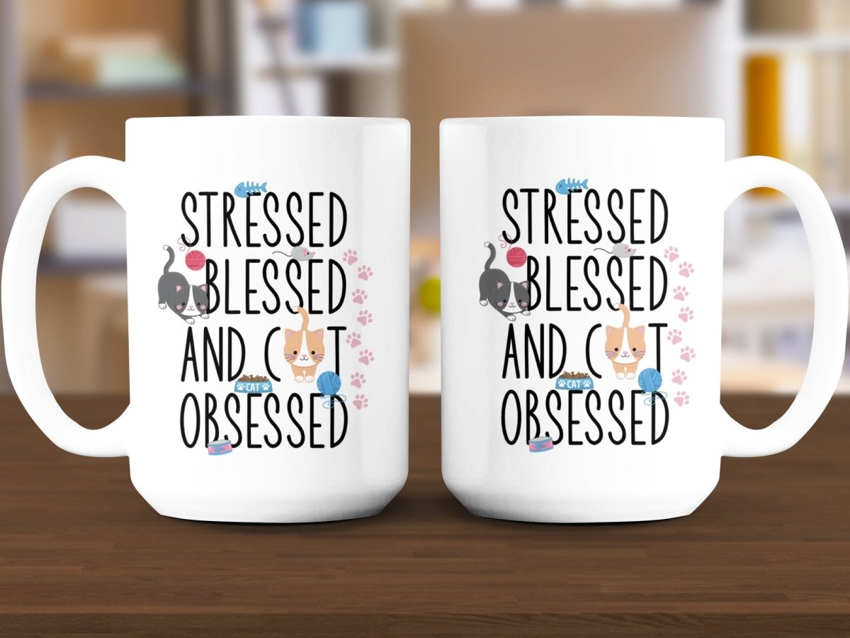 Stressed Blessed Cat Obsessed Feline Fun Mugs - NuKrypton Coffee Mugs MD - 71360848