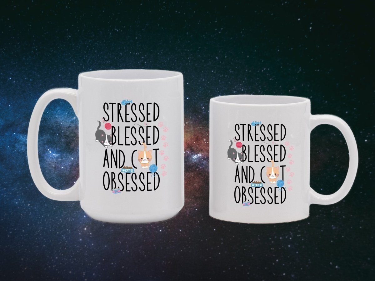 Stressed Blessed Cat Obsessed Feline Fun Mugs - NuKrypton Coffee Mugs MD - 71360842