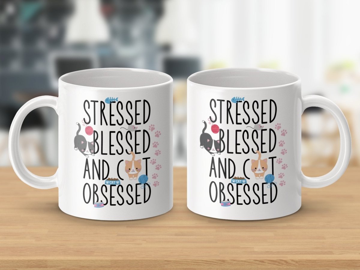 Stressed Blessed Cat Obsessed Feline Fun Mugs - NuKrypton Coffee Mugs MD - 71360842